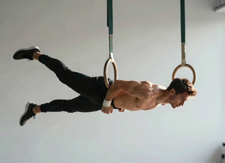 Dynamic side-lit shot of an athlete suspended on rings, high-contrast natural light highlighting muscle definition and joint alignment, clean minimalist studio background.