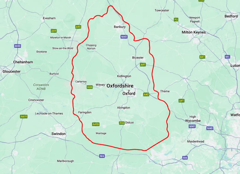 This map outlines the official county boundary of Oxfordshire in England, highlighted by the red bor