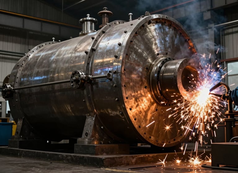 Low-angle heroic shot of a massive steel fire-tube boiler shell in mid-assembly inside a dark industrial workshop, sparks flying from welding torch on the right, high-contrast amber lighting.