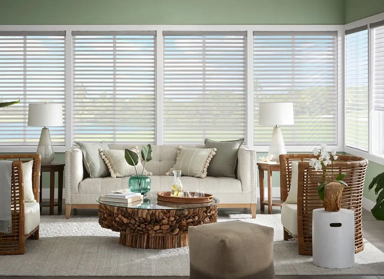 living room with sheer horizontal blinds and natural light – Rise Up Window Coverings Milwaukee