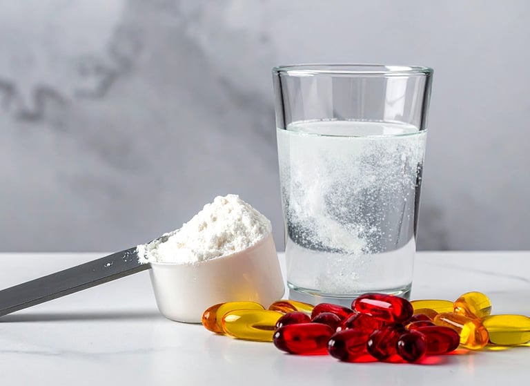 Cápsulas de omega 3 y aceite de krill más polvo creatina, combinación útil para sofocos