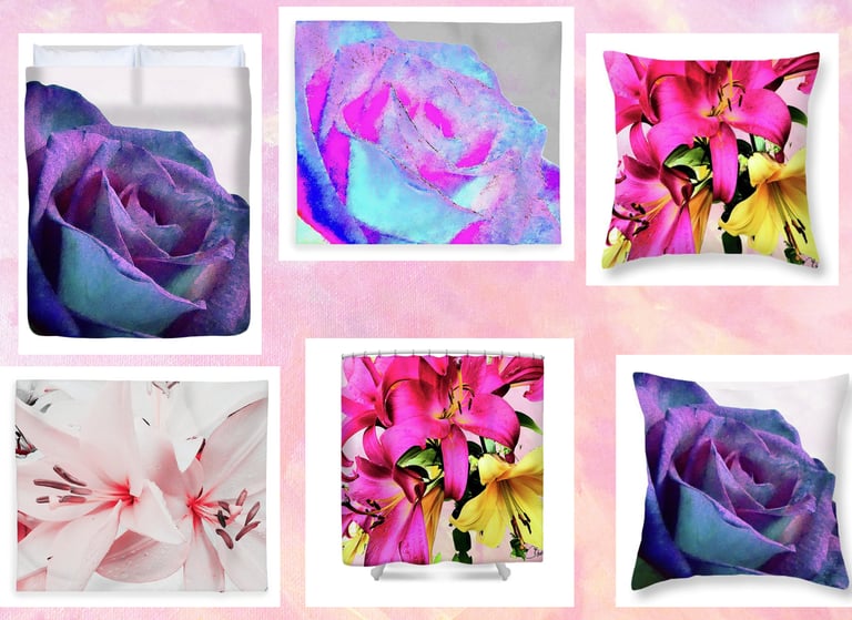 Digital images of floral designs on duvet cover, throw pillows, fleece blankets and a shower curtain