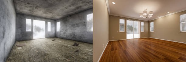 a before and after picture of a room a=then finished construction