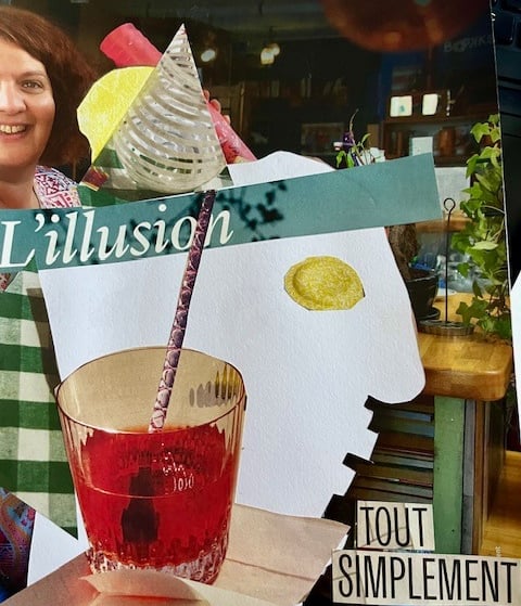 Photo de Magali STrassel, art-thérapeute, montrant une oeuvre de collage