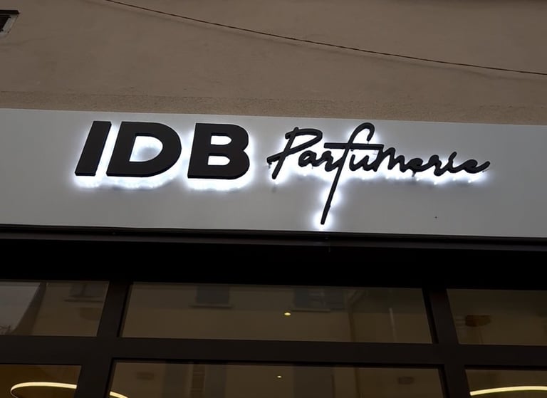 Installation professionnelle d’enseigne en lettres relief rétroéclairées sur entretoises