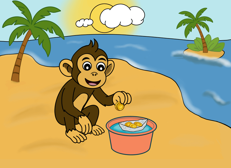 Cartoon chimp doing a buoyancy experiment with paper boat and coins