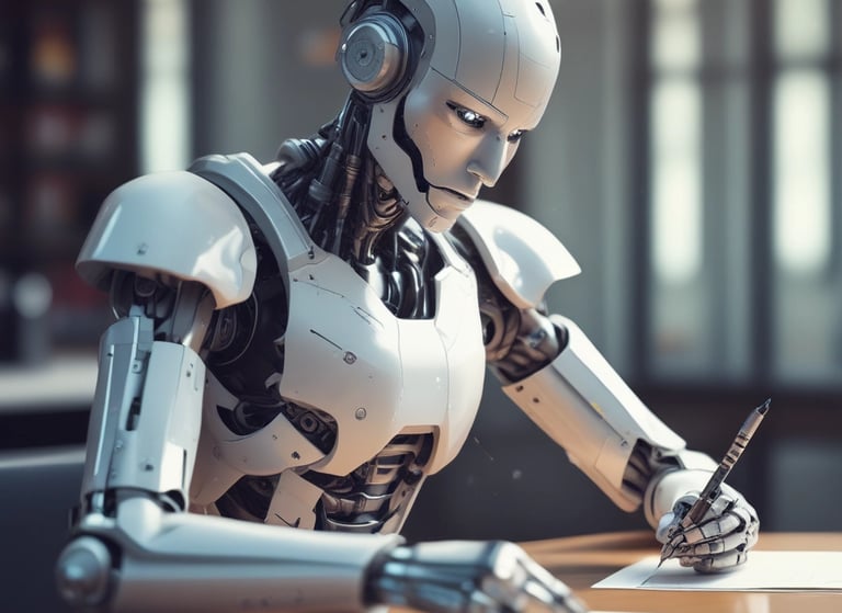 A sleek white humanoid robot sits at a desk, using a pen to write on paper, representing AI content generation.