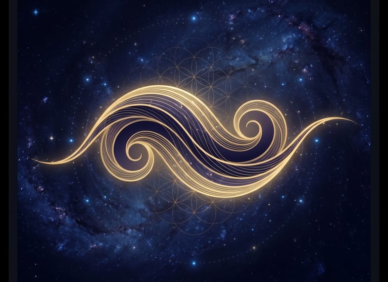 Abstract golden swirl with sacred geometry lines against a deep blue galaxy and starry space background.