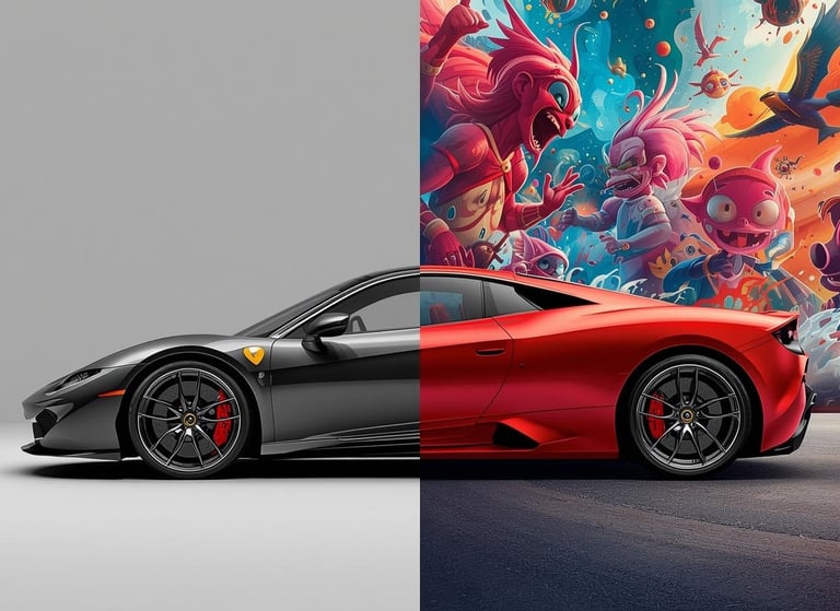 poster voiture de sport luxueuse noir et rouge, décor sobre et Street Art