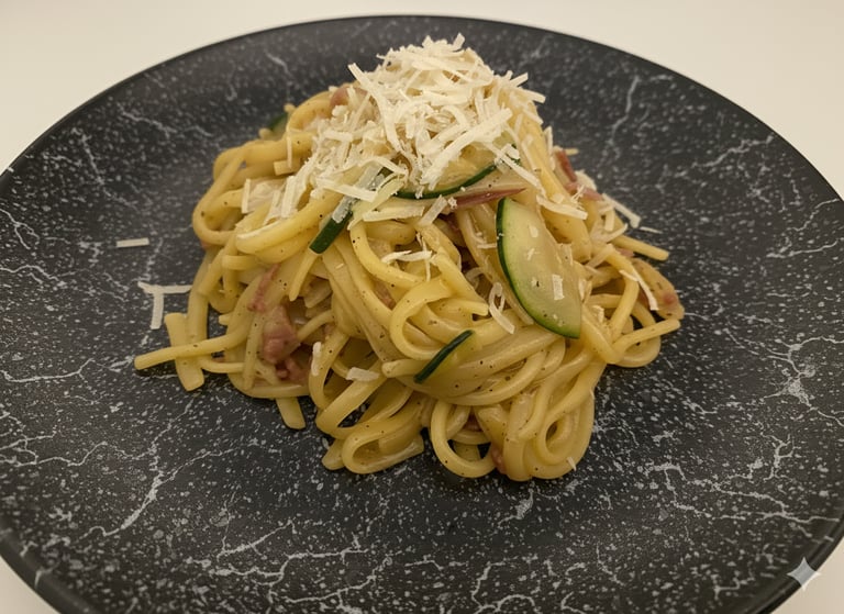 A plate of creamy linguine pasta carbonara with zucchini and grated parmesan cheese.