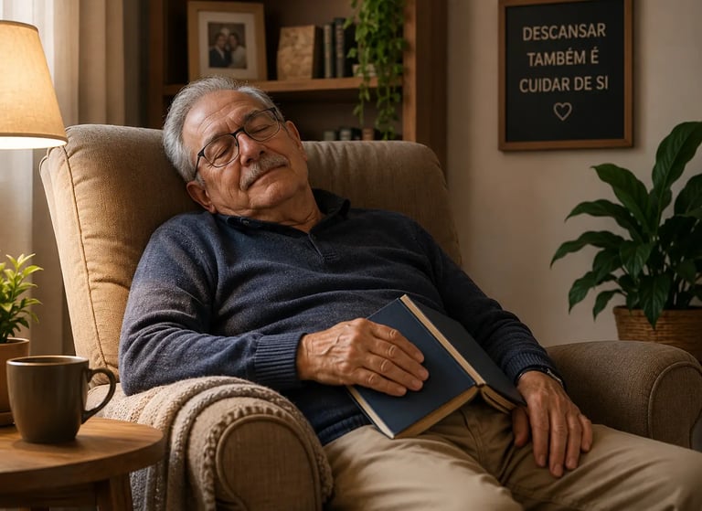 Elderly man with glasses napping in a cozy armchair with a book in a warm living room.