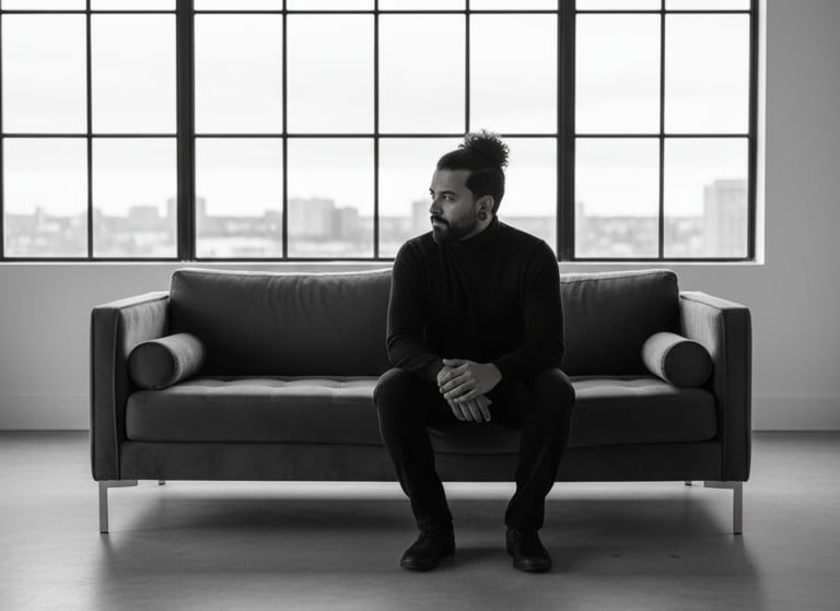 a man sitting on a couch in a room with a couch and a couch