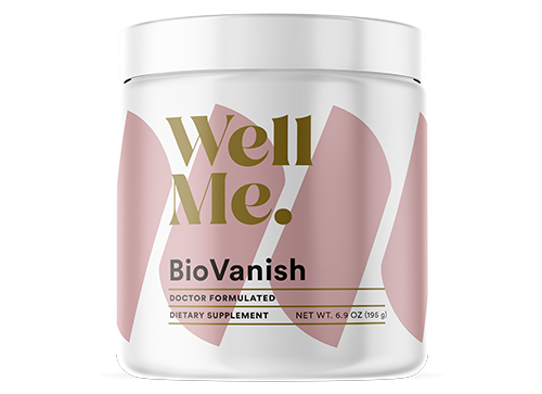 WellMe BioVanish doctor formulated weight management dietary supplement powder in a white jar.