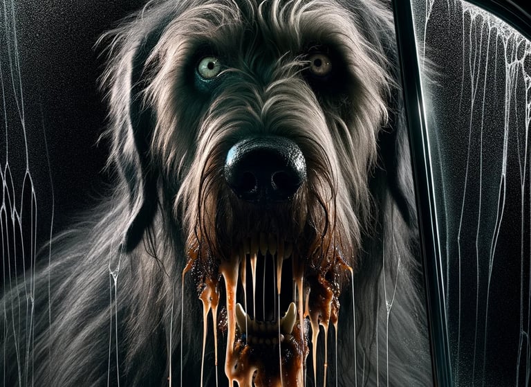 An Irish Wolfhound appears as a drooling beast at the car window.