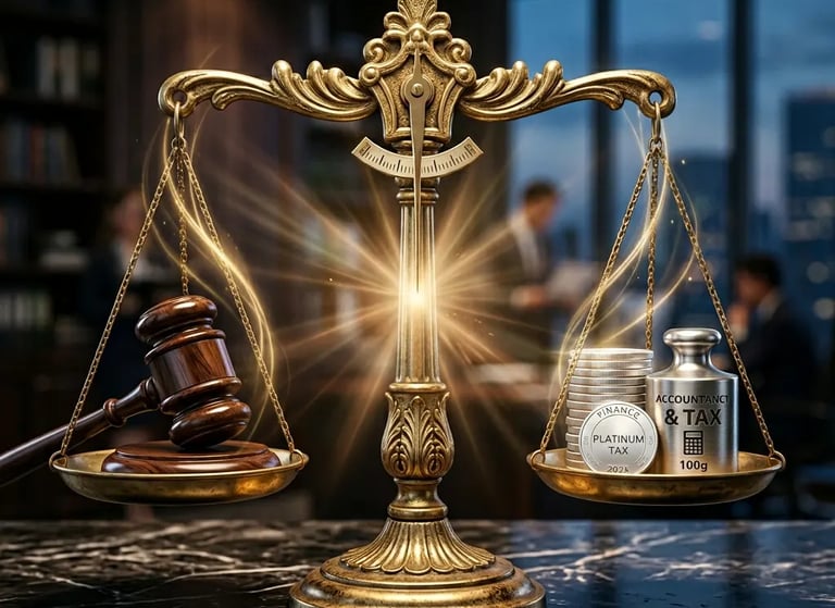 Scales balancing integrated litigation and tax advisory at Harsh Malik Law.