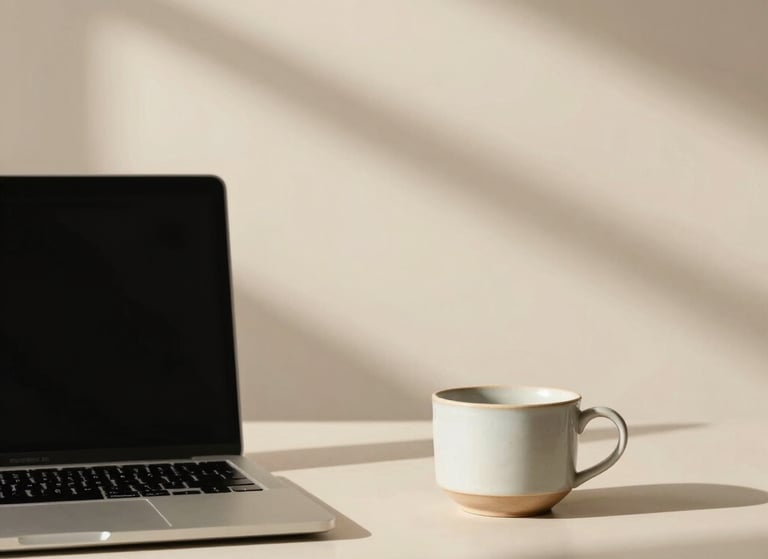 Minimalist workspace with soft morning shadows on a warm cream wall, a sleek laptop, and a single ceramic cup, overhead crop, elegant and calm.