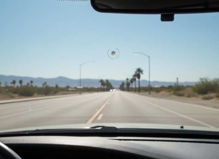 a car driving with windshield chip