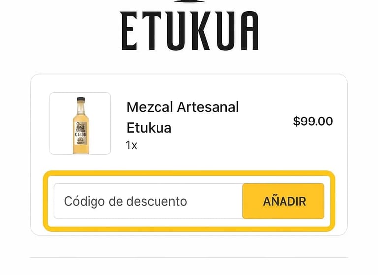 Captura de pantalla simulada del carrito de compra de Etukua con el campo 'Código de descuento' resa