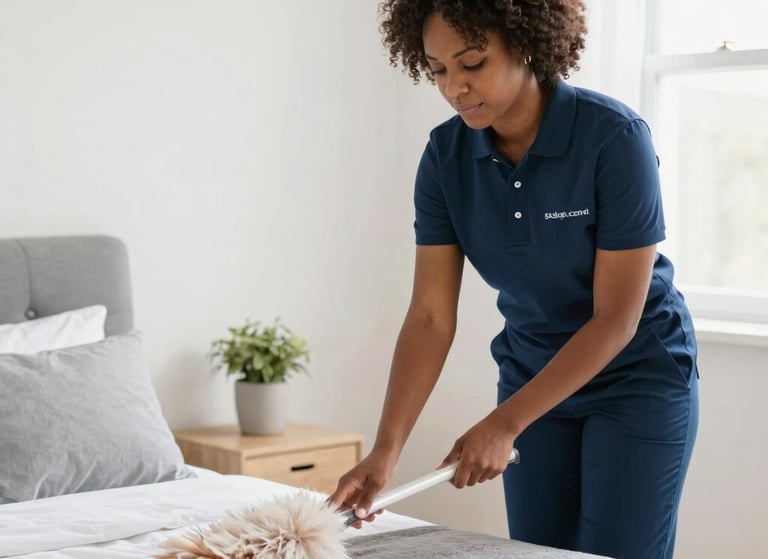A cheerful cleaning crew member in navy and teal uniform dusting a cozy living room with sunlight streaming through the window.