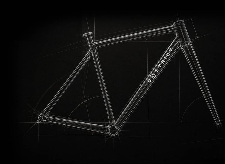 A technical hand-drawn sketch of a Dystrict bicycle frame design on a black background.