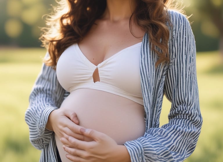 Pregnant woman gently holding her belly in a warm, softly lit studio.