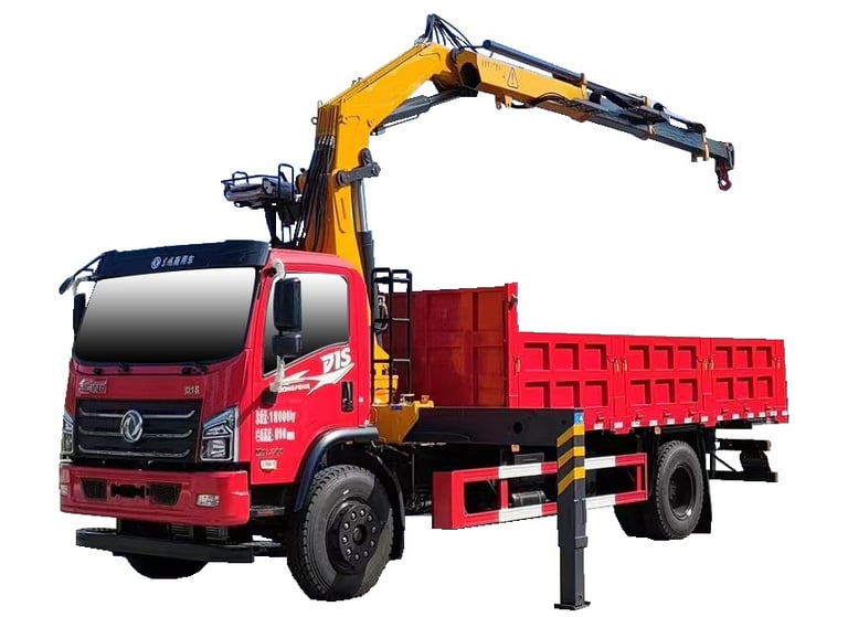 A China knuckle boom crane truck on a white background.