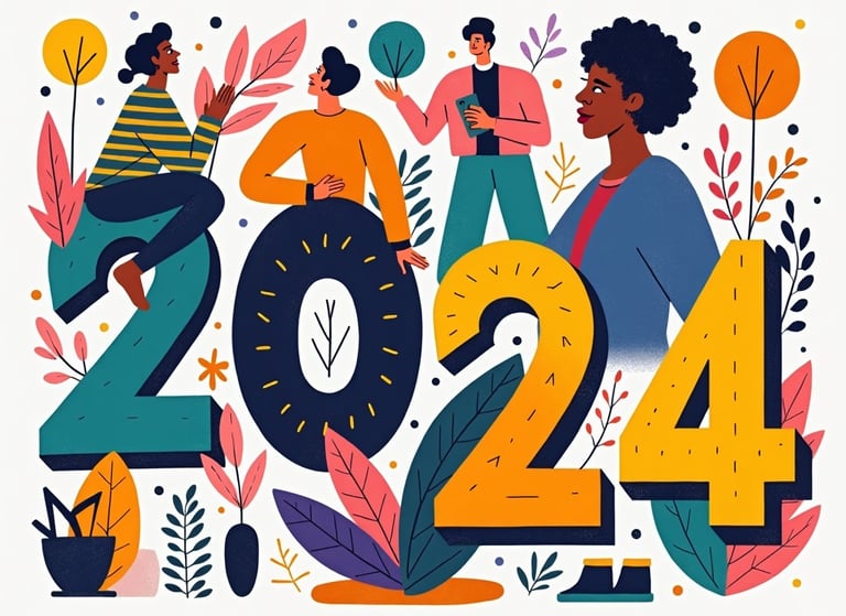 Vibrant and playful illustration representing the top raphic design trends for 2024,