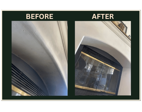 Before and after laser cleaning of soot-stained fireplace arch and brass screen surround