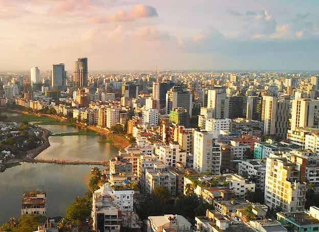 Aerial View of Bangladesh Dhaka Buildings alongside Buriganga river