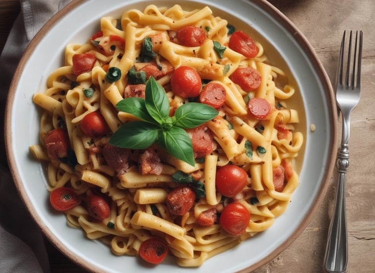 “Traditional Italian pasta with tomato sauce and basil