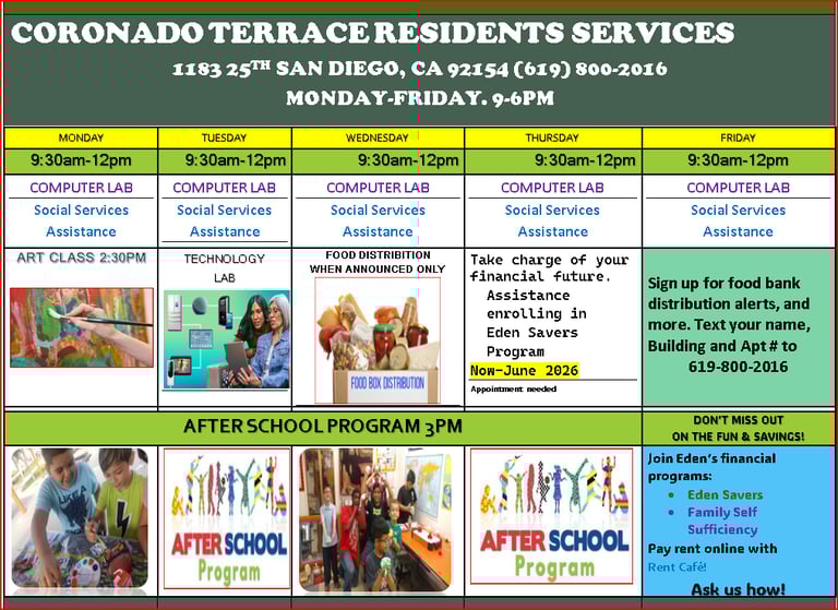 Weekly schedule for Coronado Terrace Residents Services featuring computer lab hours, art classes, and food distribution in