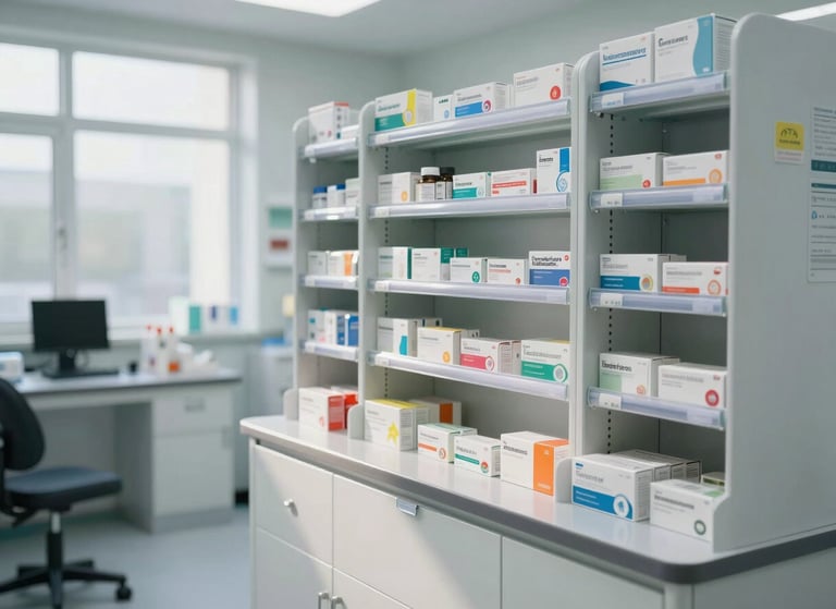 A clean, modern pharmacy cleanroom with organized medication packaging systems, bright natural light, professional environment.