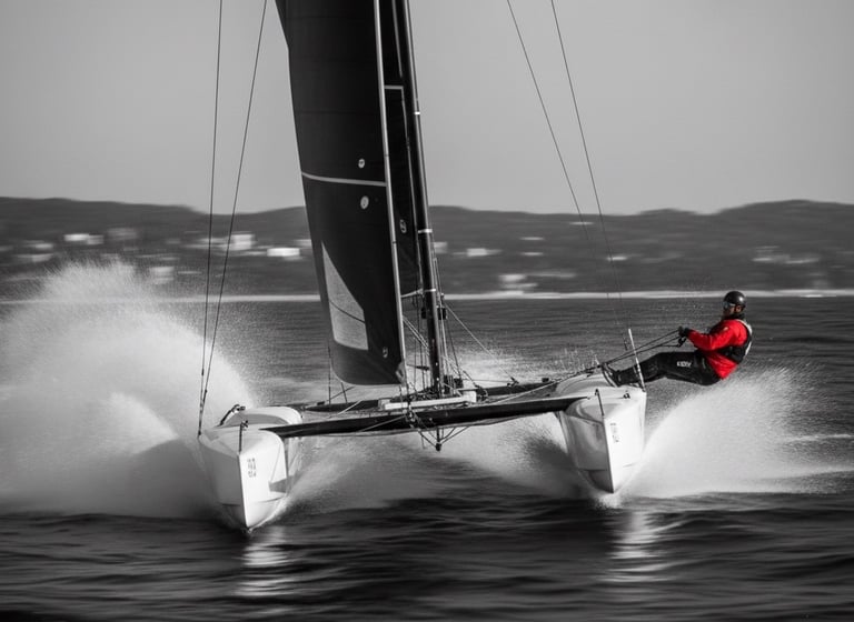 a man in a red jacket is riding a sailboat