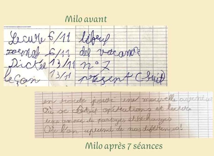 Images de l'écriture de Milo avant et après un suivi en graphopédagogie.