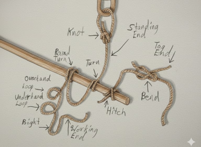 Diagram illustrating knot terminology including the standing part, bight, and working end for electr