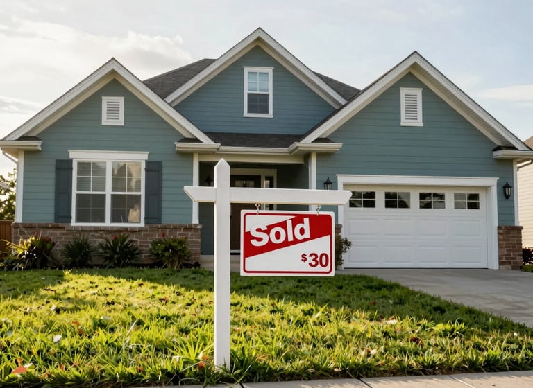 Professional photography of a charming suburban North American home in an established neighborhood. A 'Sold' sign stands in the green lawn under warm late afternoon sunlight. The color palette features muted blue and sage green architectural details.