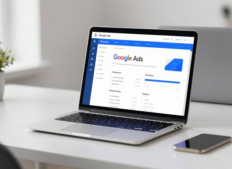 A clean, modern workspace with a high-end laptop showing a professional Google Ads performance dashboard. The setting is minimal and bright, featuring subtle blue accents like #2C4F7F and #77A3CE in the office decor. Soft, natural lighting creates an authoritative and professional atmosphere.