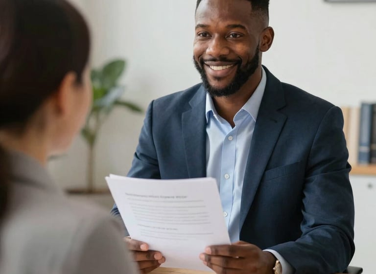 A friendly notary public arriving at a client's home with a briefcase on a sunny Toronto street.