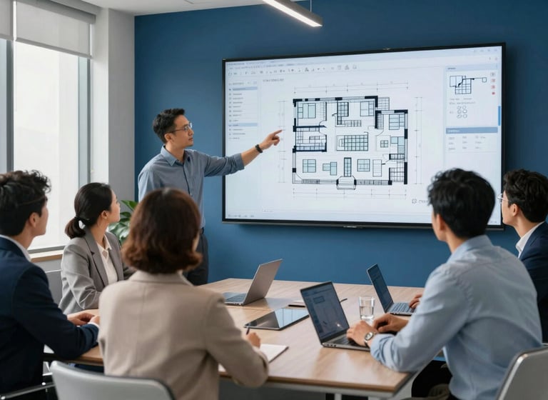A group of diverse professionals in a sleek North American / US corporate boardroom reviewing digital building blueprints on a large wall monitor. The room is decorated in professional alice blue and steel blue colors. Soft, bright sunlight comes from side windows.