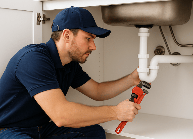A Kamloops plumber tightening a pipe under a cabinet.