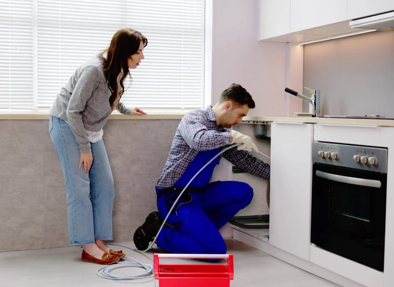A plumber and woman home owner, working on a kitchen drain blockage.