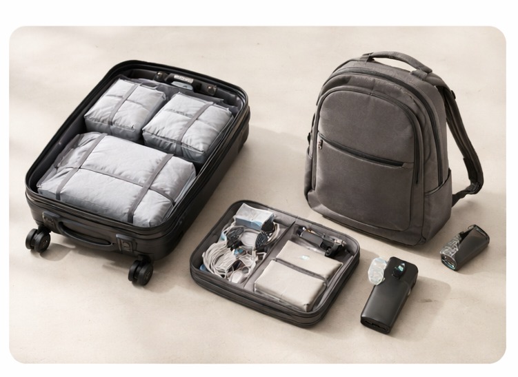 Open carry-on suitcase with packing cubes next to a grey travel backpack and tech organizer.