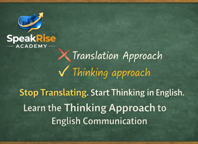 "SpeakRise Academy message promoting thinking in English instead of translation for better Engli
