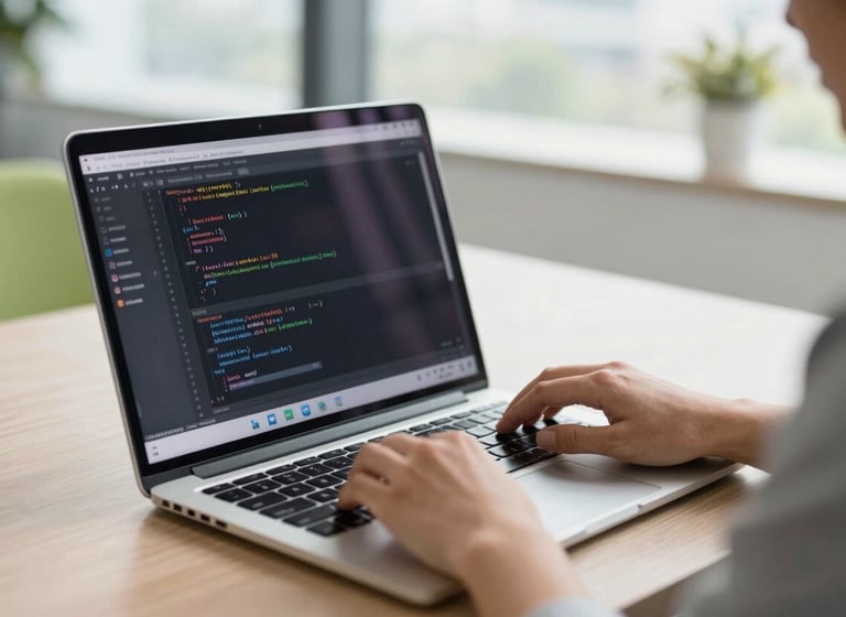 A high-end, bright office environment where a professional software developer is working on a sleek laptop showing clean code structures. The lighting is natural and modern, reflecting a premium corporate atmosphere in a Global English-speaking business district. Soft green accents appear in the background decor.