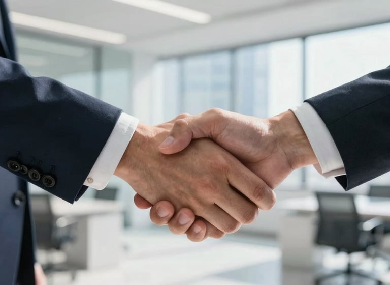 A close-up photograph of a professional hand shaking another in a bright, sunlit modern office, representing trust and technical partnership. The background is blurred, showing a clean, corporate environment in a Global English-speaking city.