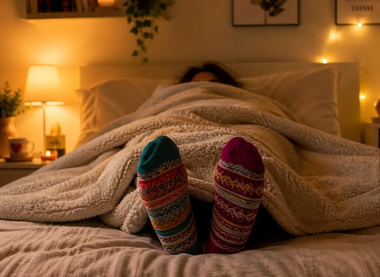 Person wearing colorful patterned wool socks relaxing in a cozy bed with warm fairy lights.