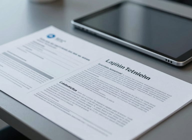 Close-up of a professional desk in a Latin American corporate office with high-end technical reports and a minimalist digital tablet, oxford gray and surgical blue lighting, authoritative and sharp focus photography.