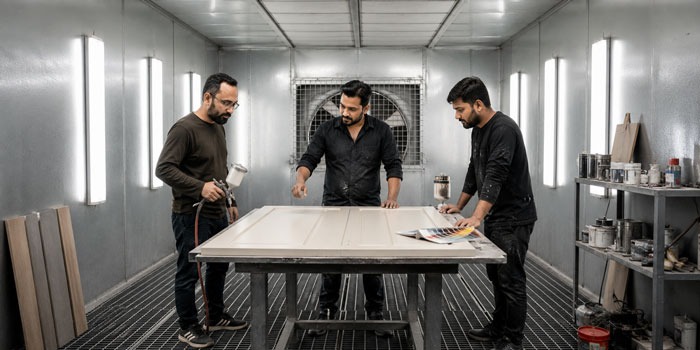 Professional woodworkers applying paint and finish to a cabinet door in a modern spray booth facility.