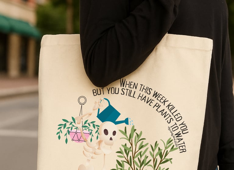 Eco-friendly plant-themed tote bag with illustrated plants and watering can artwork — Miss Chatty Plants accessories.