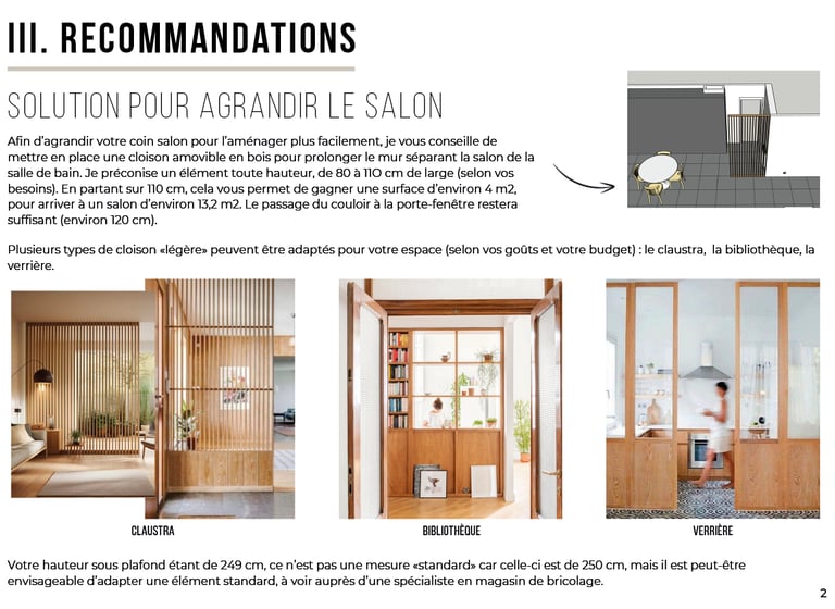 exemple de recommandations pour agrandir un espace, avec textes et photos